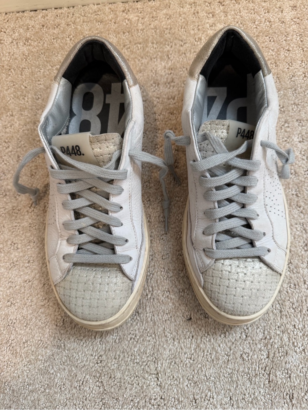 P448 John Kale/Bia White & Silver Low-Top Leather Sneakers